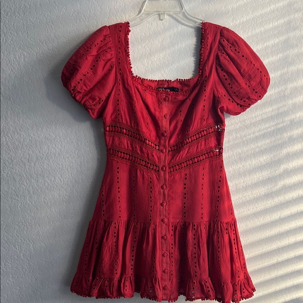 INA Elegant Red Eyelet Puffy Short Sleeve Mini Dress Red Button Down in Size S